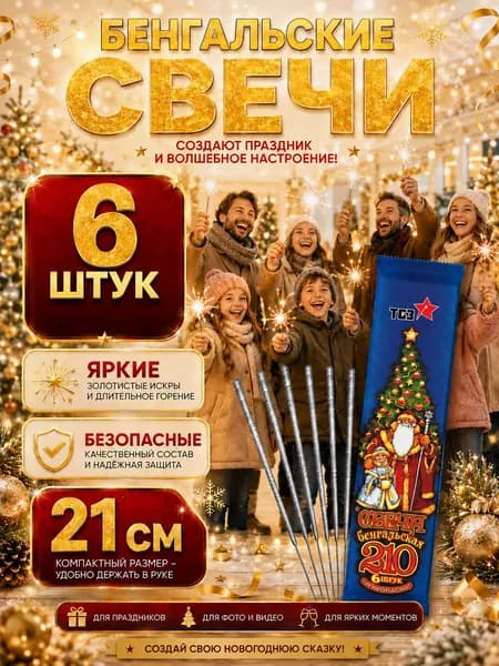 Бенгальские огни (свечи) 21 см набор 6 штук