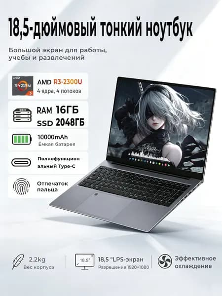 Игровой ноутбук 18.5", AMD Ryzen 3 2300U, RAM 16 ГБ, SSD 2048 ГБ, AMD Radeon, Windows Pro, светло-серый, Русская раскладка