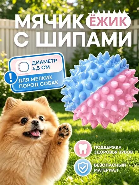 Игрушка для собак, мячик-ежик с шипами 4.5 см для мелких пород собак, мяч жевательный, розово-голубой