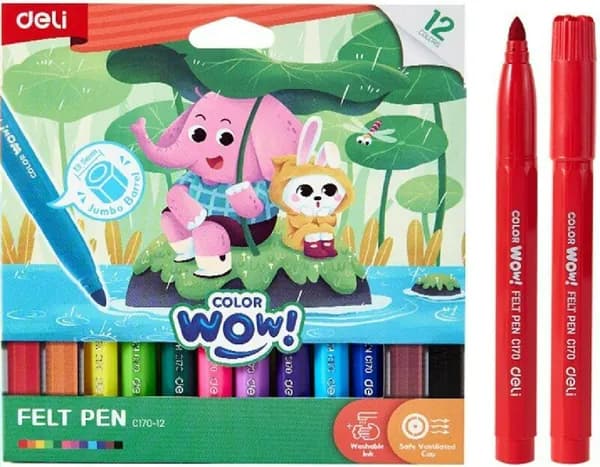 Фломастеры 12 цветов Deli Color wow утолщенные, картонная коробка