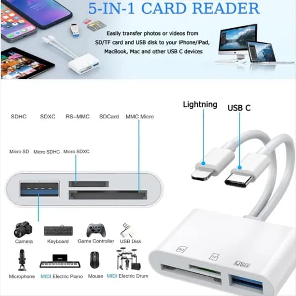 Устройство для чтения SD-карт для iPhone и камеры, двухпортовый адаптер для SD-карт (белый)