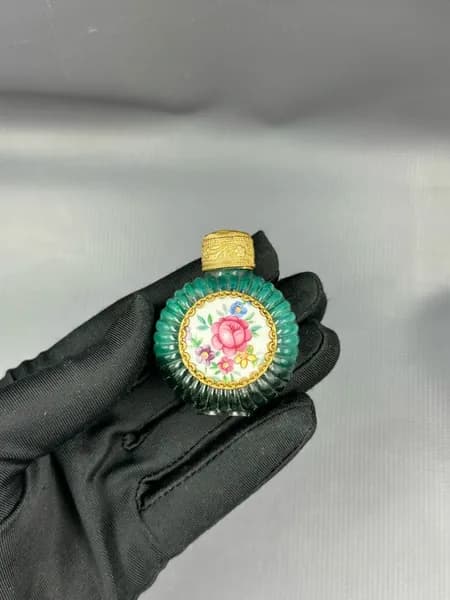 Флакон парфюмерный "Цветы" Малахитовое Стекло Чехословакия!