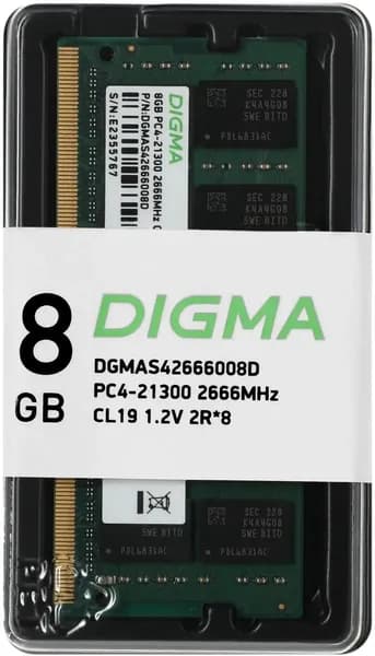 Digma Оперативная память Память 8Gb Digma DGMAS42666008D, DDR4 2666MHz PC4-21300 CL19 SO-DIMM 260-pin 1.2В dual rank Ret DDR4, 2666 МГц, 1 x 8 ГБ (DGMAS42666008D)