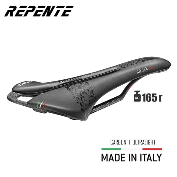 Велосипедное седло selle Repente Artax GLM Black (Italia), 275х142 мм, вес 165 г. - суперлегкое спортивное карбоновое, для горного и дорожного велосипеда, для мужчин и женщин, цвет черный
