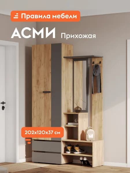 Прихожая комплект Асми с полками, с ящиками, с обувницей, с зеркалом, со штангой для одежды, 120.2х37.2х202 см, Крафт / Графит