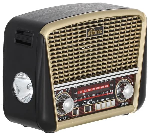 Радиоприемник портативный трехдиапазонный RITMIX RPR-050 Gold, ретро-стиль, встроенный светодиодный фонарь, MP3-плеер, AM/FM/SW, телескопическая антенна, USB/microSD/SD до 32 Гб, AUX IN, питание от сети, аккумулятора и батареек, высокочувствительный прием