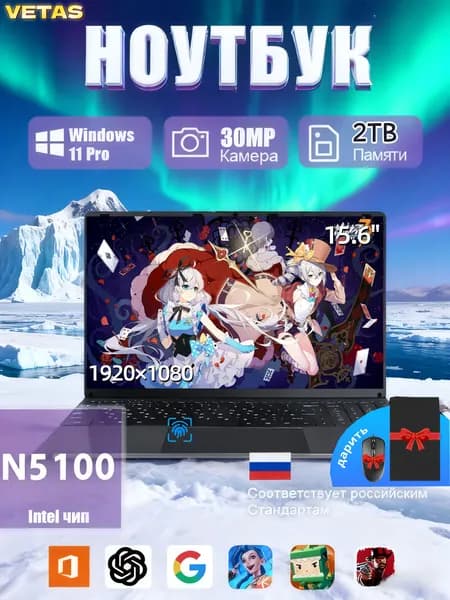 VETAS игровые ноутбуки N5100 Система Windows активирована RAM32GB+SSD2048GB Игровой ноутбук 15.6", Intel Celeron N5100, RAM 32 ГБ, SSD 2048 ГБ, Intel UHD Graphics, Windows Pro, серебристый, Русская раскладка
