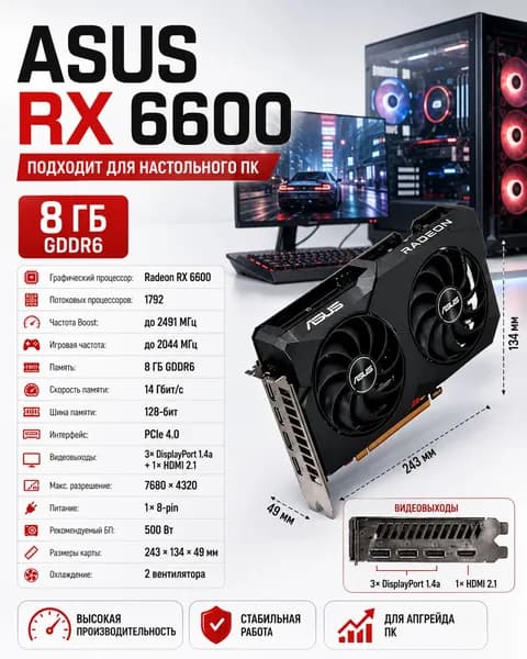 Комплект с системным блокомAMD Radeon RX 6600 (8 Гб),