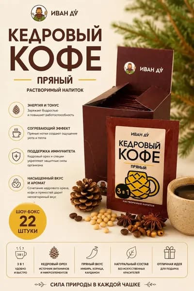 Растворимый напиток Кедровый кофе, пряный, 3в1, 22 пакета по 10г.