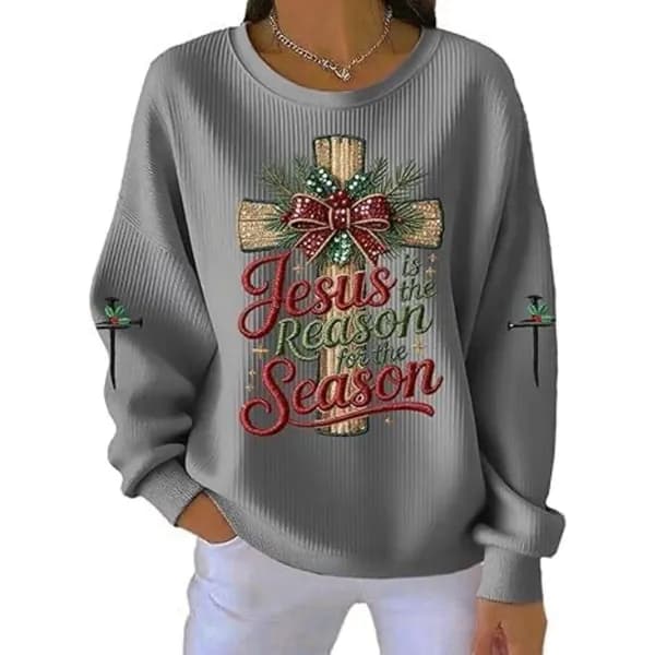 Женский серый свитшот M: Jesus Is The Reason и рождественский принт