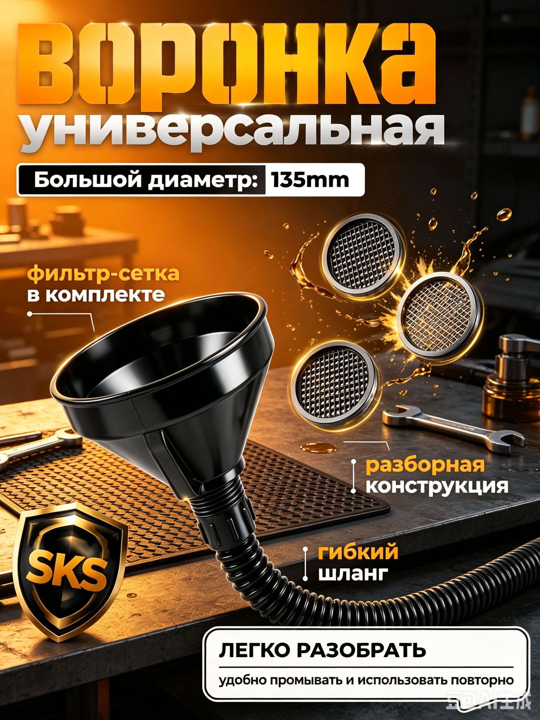 Воронка автомобильная разборная с гибким шлангом и сеткой