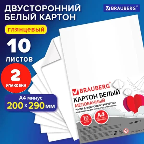 Картон белый А4 МЕЛОВАННЫЙ (белый оборот), 10 листов, 200х290 мм (2 упаковки)
