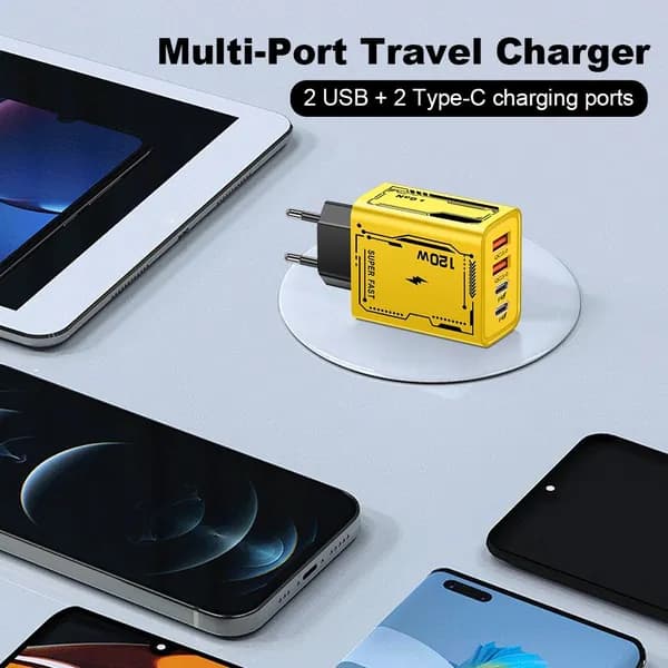 Зарядное устройство для смартфонов с 2 USB и 2 разъёмами Type-C, 120 Вт, евровилка, жёлтое
