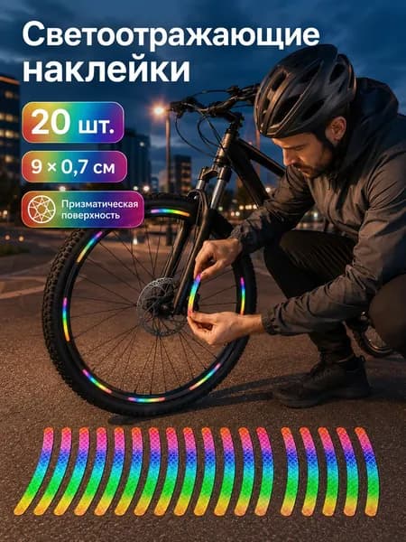 наклейки на велосипед, светоотражающие радужные полосы 9 x 0,7 см, 20 шт.
