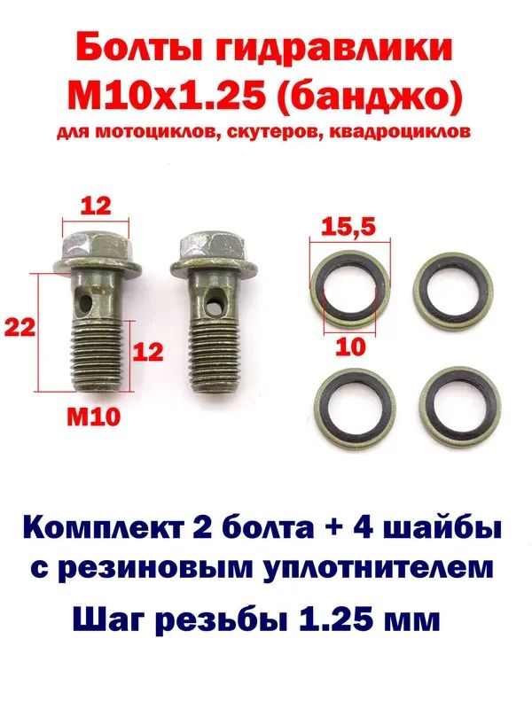Гидравлический болт М10 (банжо) 2 шт. с уплотнительными шайбами для мототехники