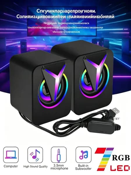 GJX Компьютерные колонки с подсветкой RGB, стерео звук 6 Вт, проводное подключение 3.5 мм, USB питание для ПК и ноутбука.