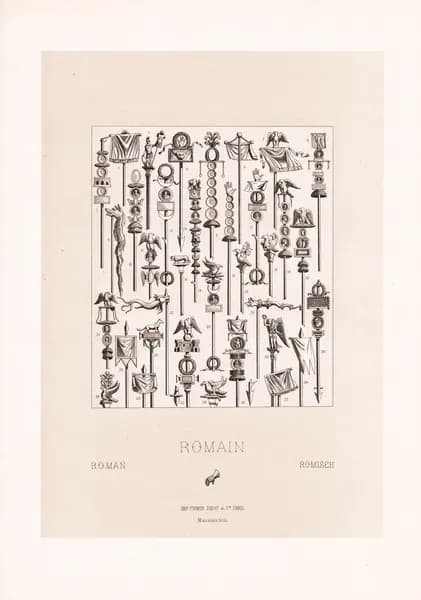 1888 год. Старинная литография. Штандарты римских легионов, Огюст Расине, редкость
