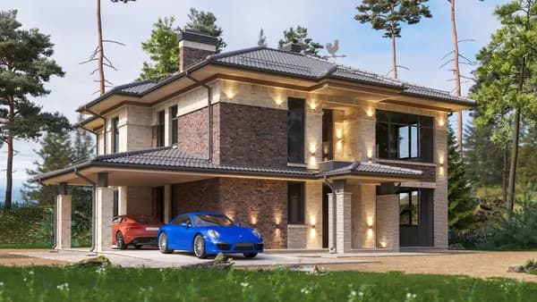 Проект 250 м2 "КРАСАВЧИКА" дома в стиле Райта с навесом для авто и террасой, 5 спален и балкон