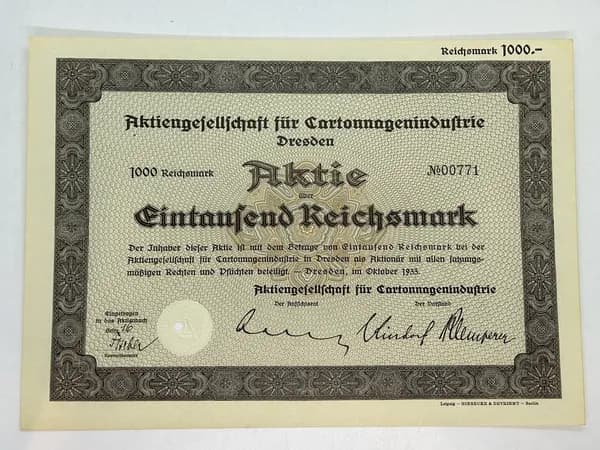 Акция Германия. Производство картона и картонной упаковки в Дрездене, 1000 рейхсмарок 1933 №51