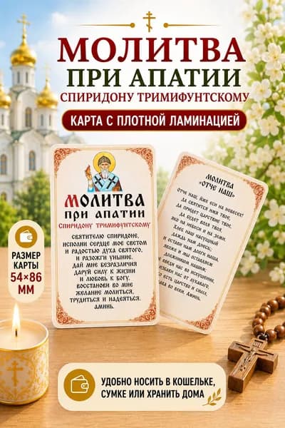 Двусторонняя ламинированная карточка Молитва при апатии Спиридону Тримифунтскому и Отче Наш, православная иконка, 86х54 мм