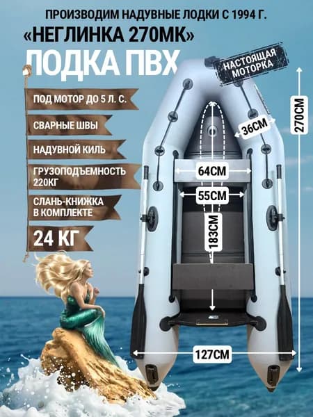 Лодка ПВХ для рыбалки под мотор до 5 л.с. двухместная Неглинка 270МК киль+слань