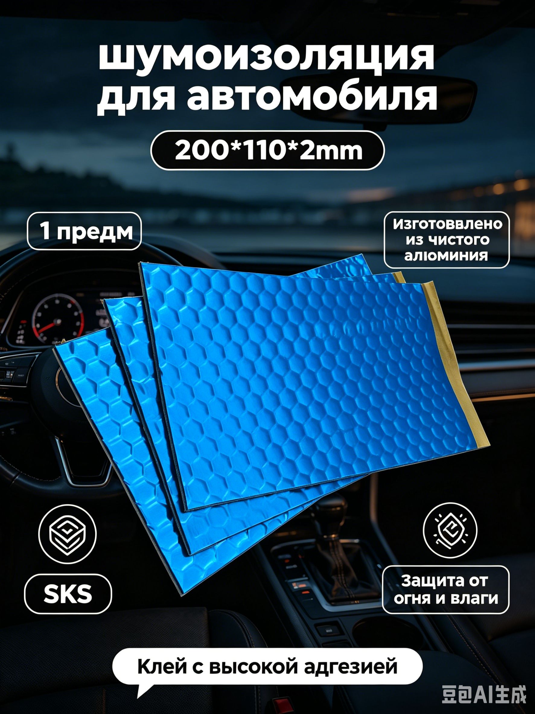 Шумоизоляция автомобильная, 0.2 м, толщина: 2 мм, 1 шт.