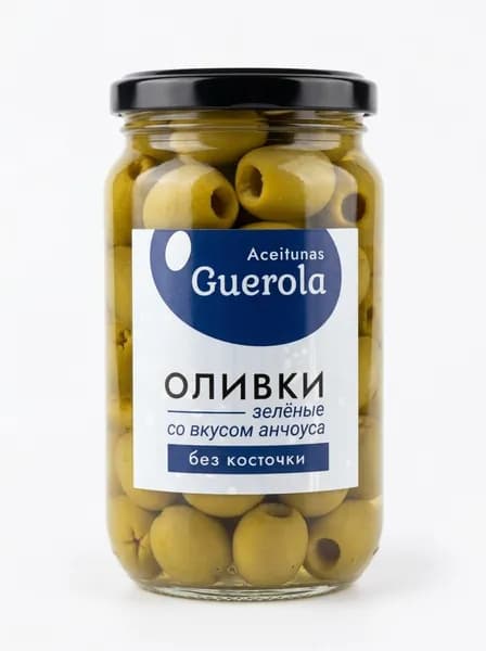 Оливки зелёные без косточки со вкусом анчоуса Aceitunas Guerola, 340/170 г