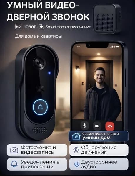 Видеоглазок дверной с камерой и Wi-Fi, видеодомофон с записью, датчик движения, двусторонняя связь, HD 1080p
