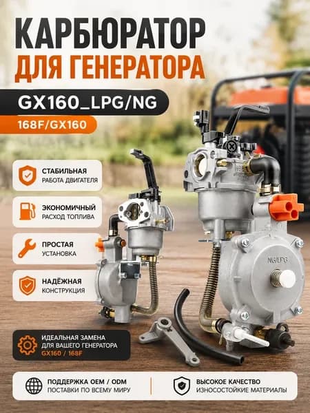 Двухтопливный карбюратор 168F GX160 под бензин, газ LPG и NG