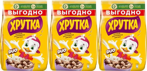 Сухой завтрак Хрутка Duo шоколадный обогащенный кальцием, комплект: 3 упаковки по 650 г