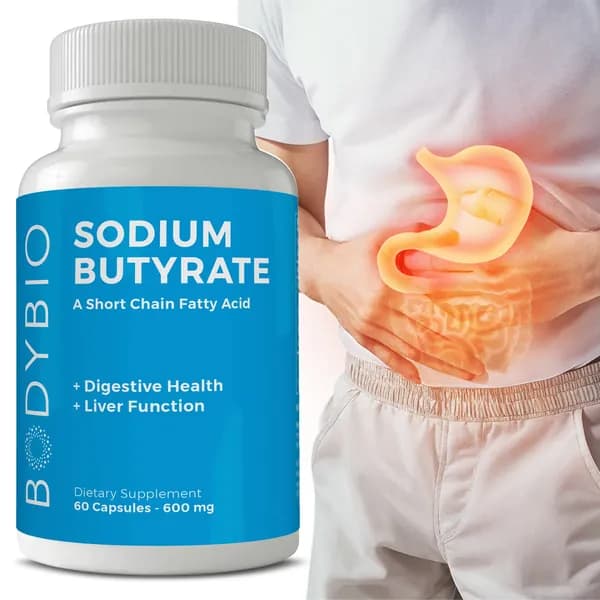 Капсулы BodyBio с бутиратом натрия поддерживают здоровье пищеварительной системы и функцию печени.