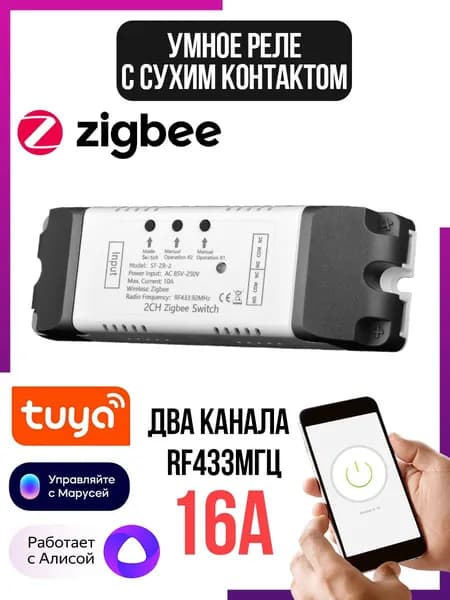 Умный модуль (реле) 2 канала Zigbee с сухим контактом SECTEC