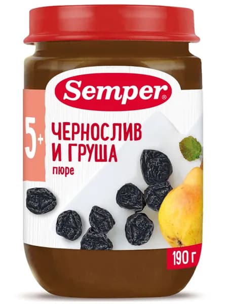Пюре детское фруктовое Semper чернослив и груша, без сахара, с 5 месяцев, 190 г