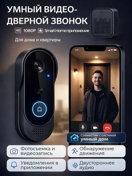 Видеоглазок дверной с камерой и Wi-Fi, видеодомофон с записью, датчик движения, двусторонняя связь, HD 1080p