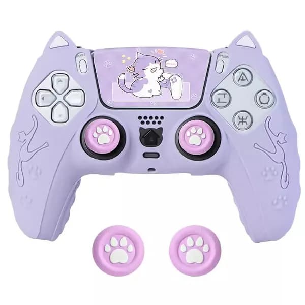 Симпатичная кожа контроллера PS5 Cat Paw, противоскользящий чехол для контроллера с колпачками для захвата большим пальцем-Фиолетовый