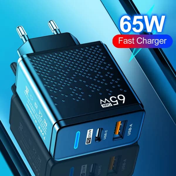 Светодиодное зарядное устройство USB-A/USB-C PD 33 Вт для iPhone и смартфонов, евровилка, чёрное
