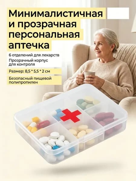 Прозрачный контейнер для таблеток с 6 отделениями, коробка для хранения