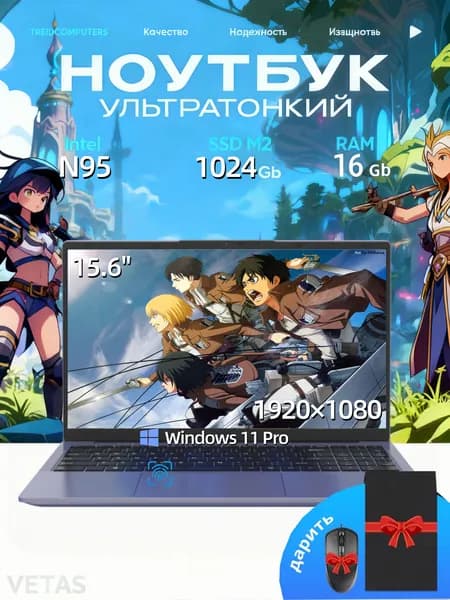VETAS ноутбук для работы/ Игровой ноутбук 15.6", Intel Alder Lake N95, RAM 16 ГБ, SSD 1024 ГБ, Intel UHD Graphics, Windows Pro, черный, Русская раскладка