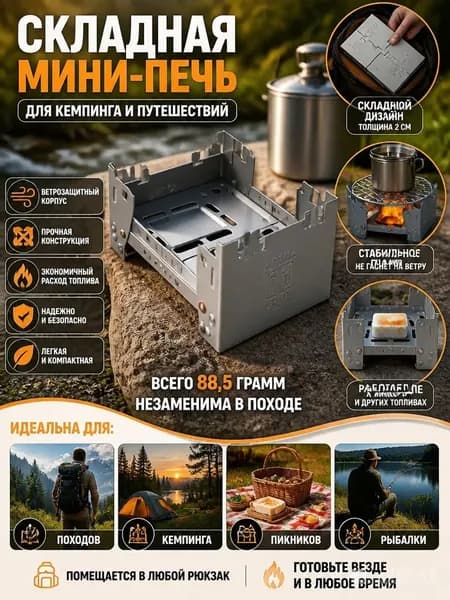 Подставка-горелка таганок для сухого горючего, разборная мини печь , для рыбалки, охоты, кемпинга, разогрева еды и кипячения воды