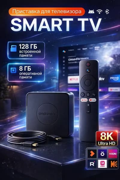 Смарт ТВ приставка для телевизора Андроид Wi-Fi, приставка для цифрового тв с пультом / медиаплеер