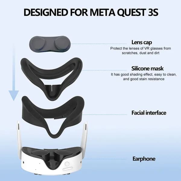 Силиконовая маска для Meta Quest 3s с крышкой для объектива, салфеткой и колпачками для джойстиков