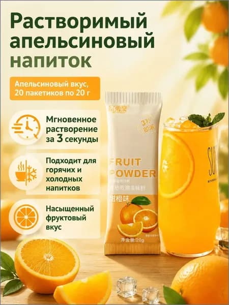 Сухой напиток со вкусом апельсина, 20 г 20 пакетиков, растворимый за 3 секунды для холодных и горячих напитков