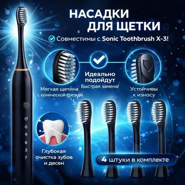 Сменные насадки для электрической ультразвуковой зубной щетки, черные, 4 штуки, средней жесткости