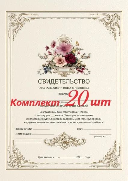 Свидетельства о начале жизни нового человека (комплект из 20 шт.)