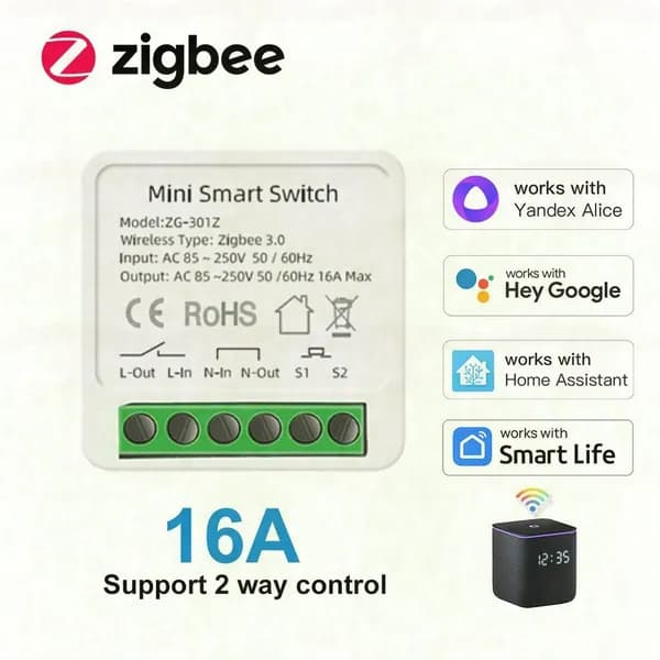 Умное реле Zigbee 3.0,одноканальное 16A, двухпозиционное управление