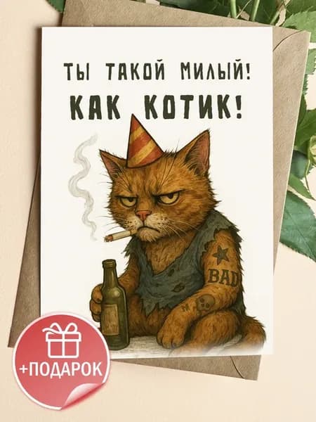 Открытка прикольная с котом на день рождения с конвертом