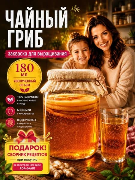 Чайный гриб живой комбуча закваска + подарок сборник рецептов +инструкция