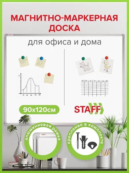 Доска демонстрационная магнитно-маркерная на стену для офиса и дома, 90х120 см, алюминиевая рамка, Staff Уцененный товар