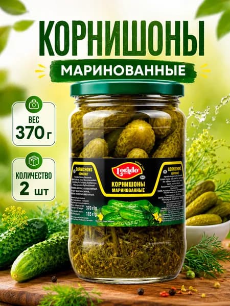 Огурцы маринованные 3-6 см, корнишоны, Lorado, 2 шт. по 370 мл