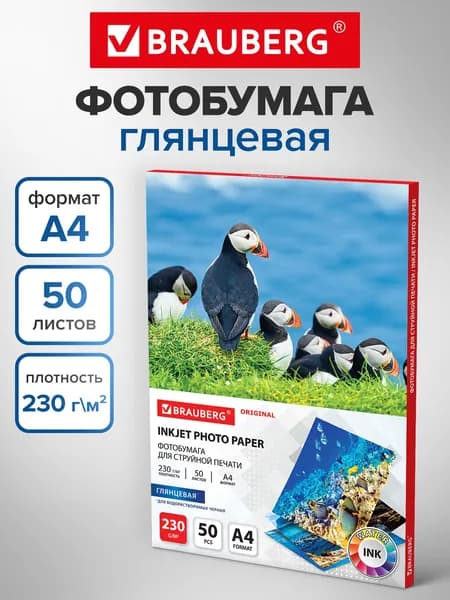 Фотобумага глянцевая / бумага для печати фото на струйных принтерах, А4, 230 г/м2, односторонняя, 50 листов, Brauberg